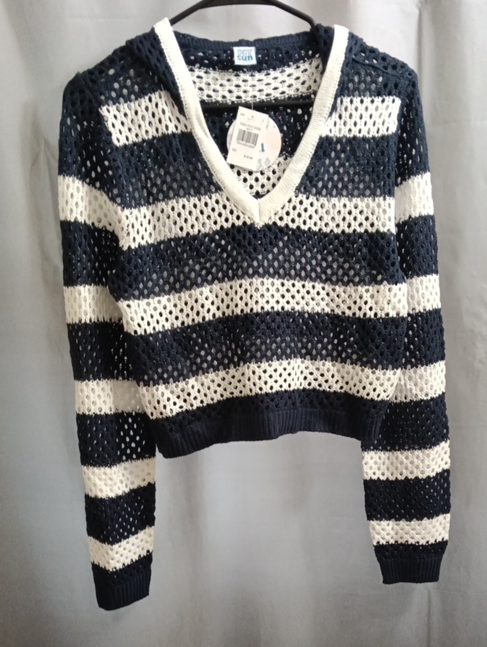 FCT SUN Striped Open-Knit V-Neck Sweater - Navy & White